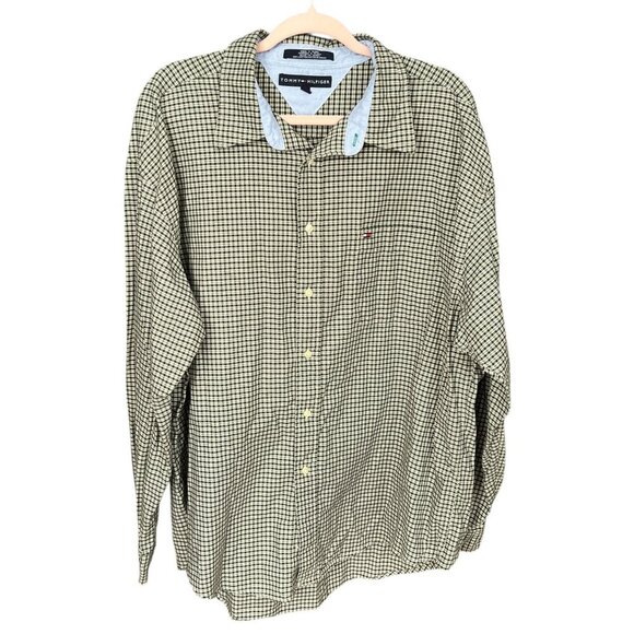 Tommy Hilfiger Mens Button Up Cotton Shirt Size XXL Green Plaid Dadcore Preppy - Picture 1 of 9